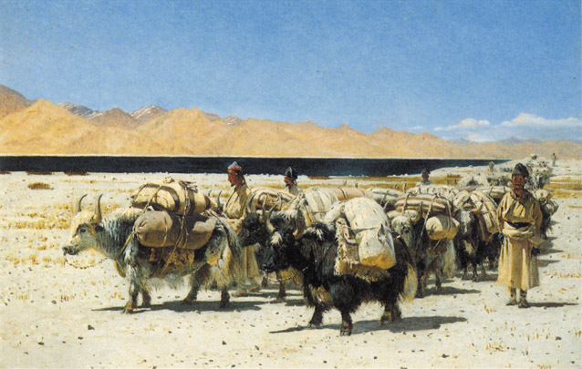 V.V. Vereshchagin. Karavan yakov, nagruzhennyh sol'yu, okolo ozera Co-Morari, na granice Zapadnogo Tibeta. 1875. Gosudarstvennaya Tret'yakovskaya Galereya, inv. No.2059